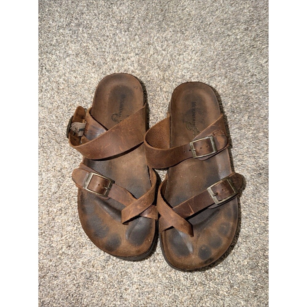 Mountain Sole Sandals Womens 7M Adjustable Strap Slide Flats Brown Leather Oiled